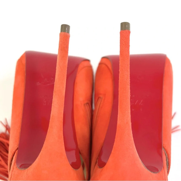 CHRISTIAN LOUBOUTIN || Fringe Peep Tassel Heels Otoka 120 Coral Suede US 7.5 - Picture 9 of 14